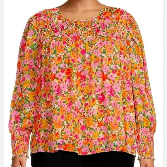 Flower Field Soft Papaya Smocked Chiffon Top Flowy Silhouette Smocked Yoke 3XL - Picture 1 of 8